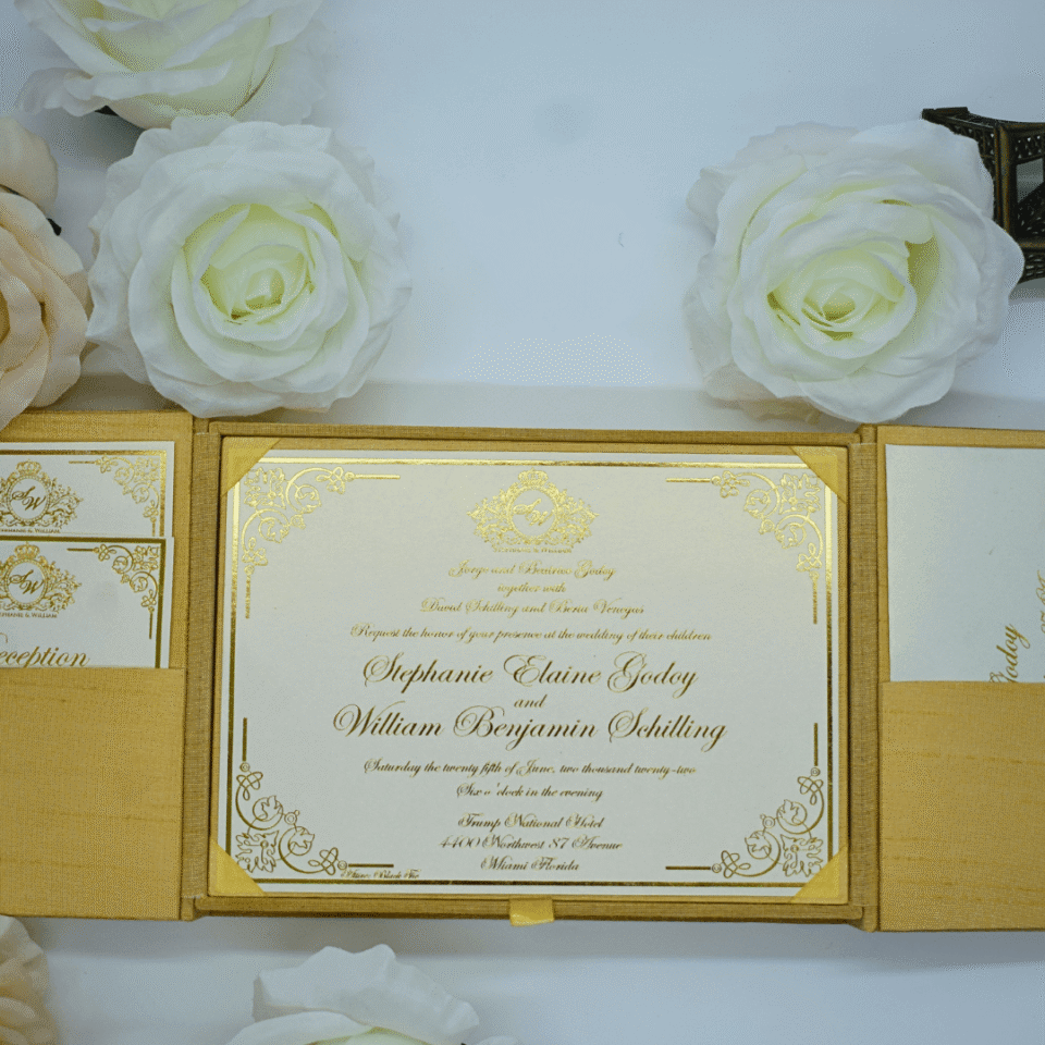 Gold silk invitation folio Leaf