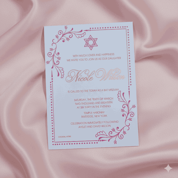 White Acrylic Bat Mitzvah Invitation With Gold & Hot Pink Font