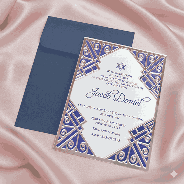 Silver Mirror Acrylic Bar Mitzvah Invitation: Art Deco Gatsby Theme Invites