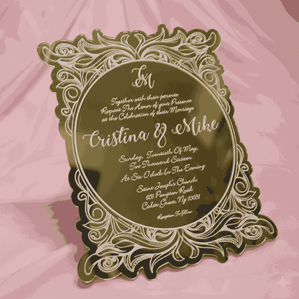 Gold Mirror Acrylic Wedding Invitations with Laser-Cut Floral Artwork