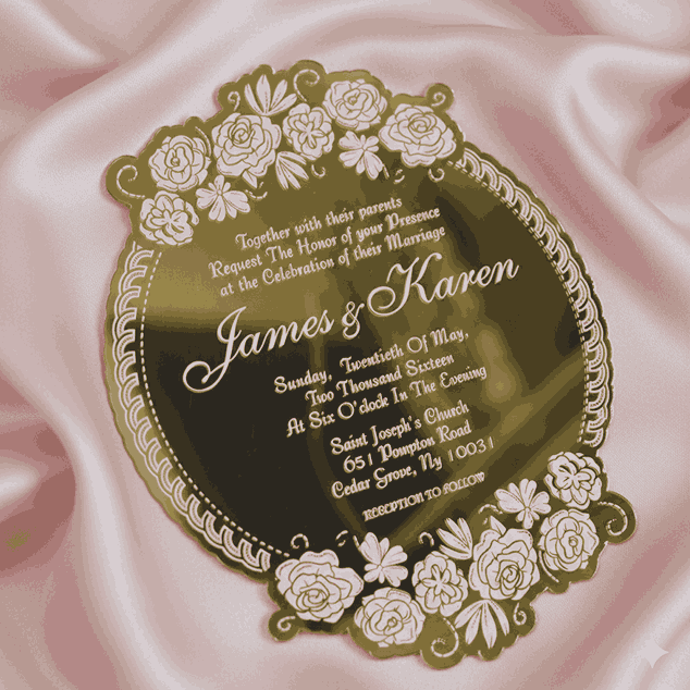 Gold Mirror Acrylic Wedding Invitation With Floral Artwork Design