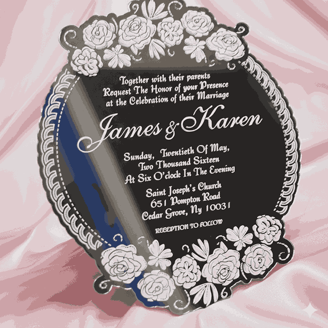 Silver Mirror Acrylic Wedding Invitation with Floral Laser-cut Design