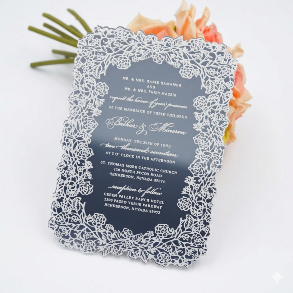 Silver Mirror Acrylic Wedding Invitation with Floral Artwork