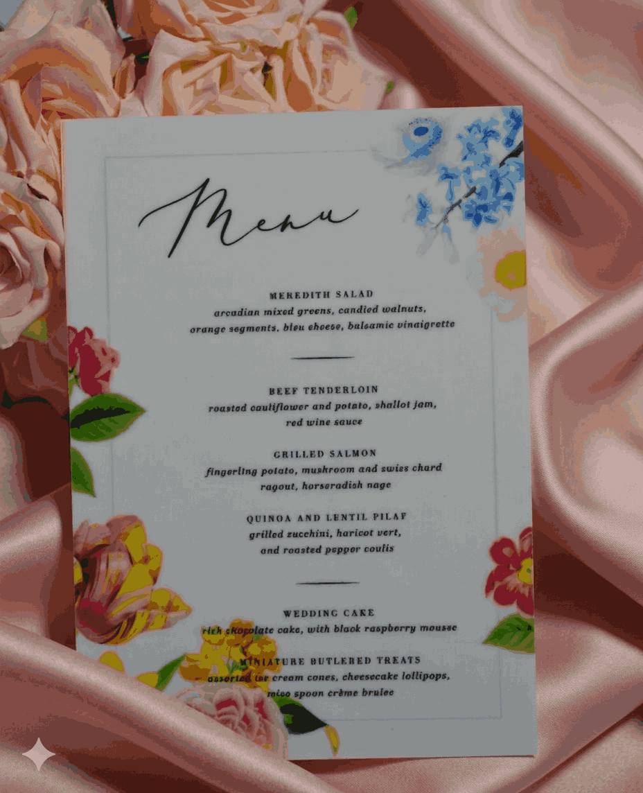 Wedding Dinner Acrylic Menu with Floral Artwork