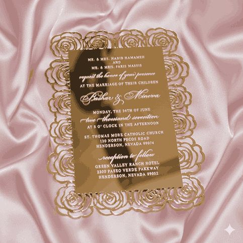 Gold Mirror Acrylic Wedding Invitation With Laser-cut Roses Artwork