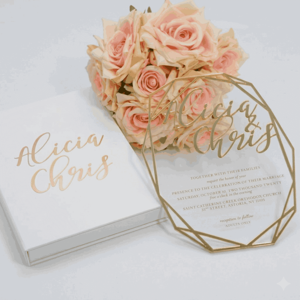 White Wedding Invitation Box with Acrylic Invite & Gold Foil Monogram