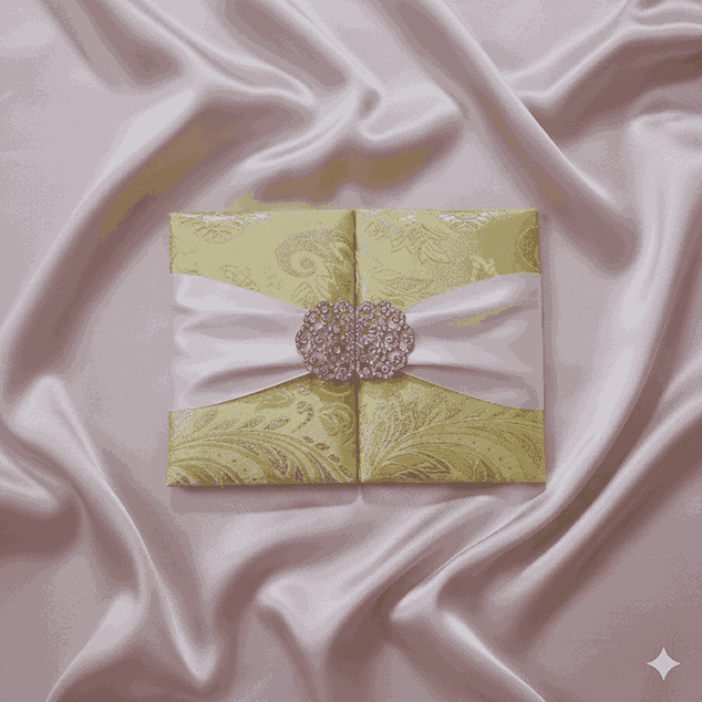 Gold Brocade Silk Wedding Invitation Folio: Trifold Jacket For Wedding Invite