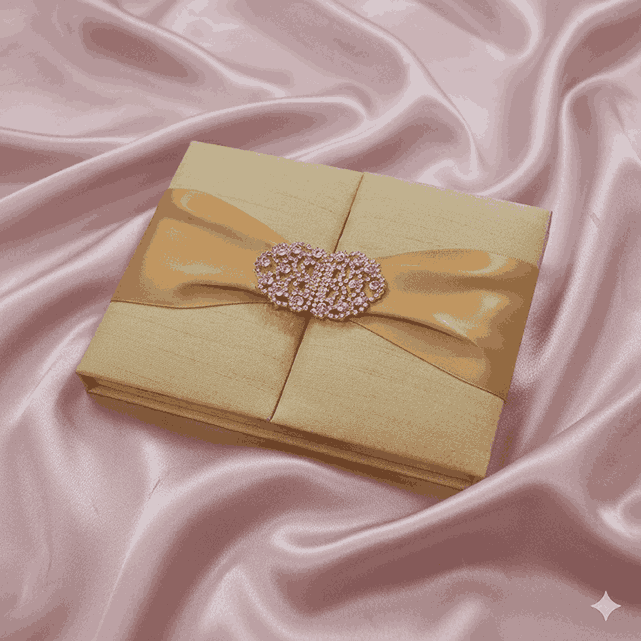 Embellished Silk Wedding Invitation Box with Crystal Rhinestone Brooch