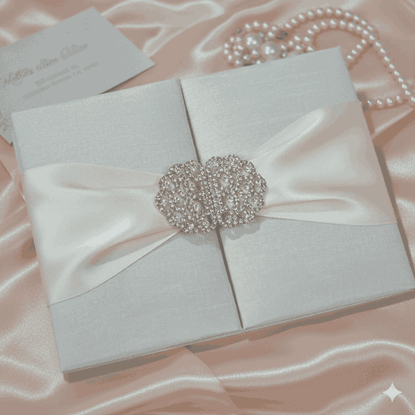 Ivory Silk Trifold Wedding Invitation Folio with Rhinestone Brooch