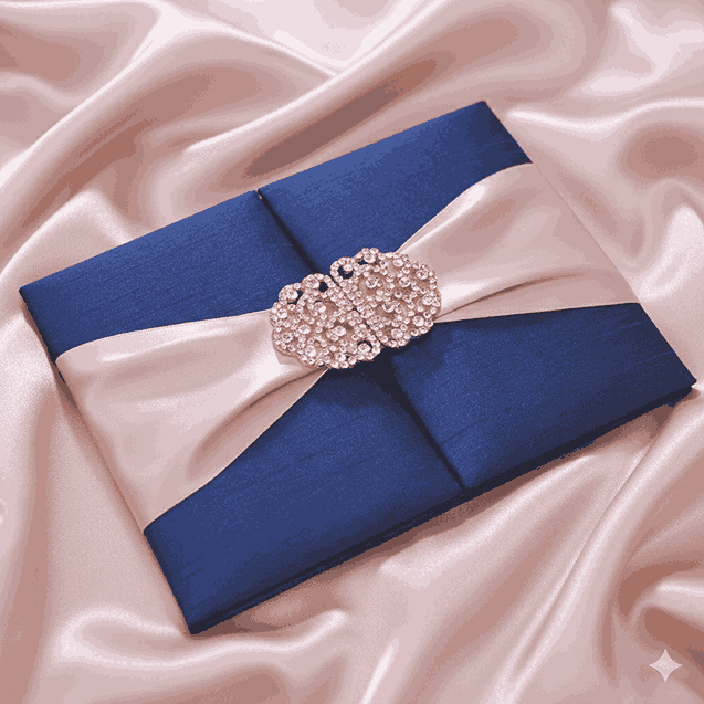 Luxurious Navy Blue Silk Wedding Invitation Folio with Rose Gold Ribbon