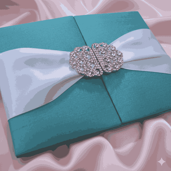 Teal Green Silk Wedding Invitation Folio with Crystal Rhinestone Brooch