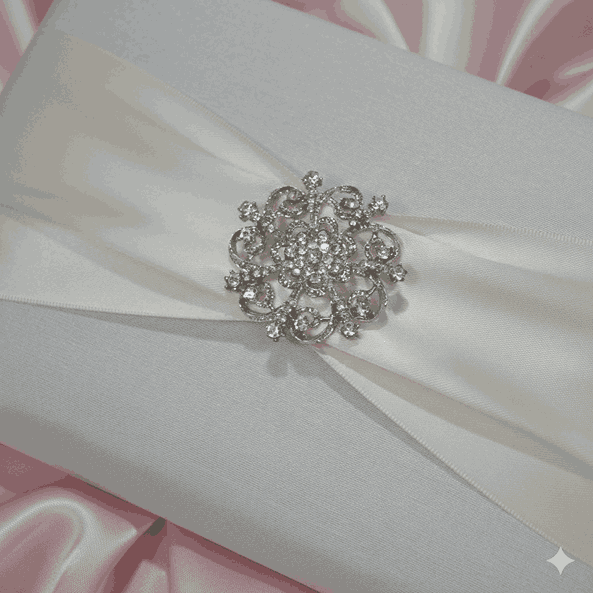 Ivory Silk Wedding Invitation Folio with Rhinestone Brooch