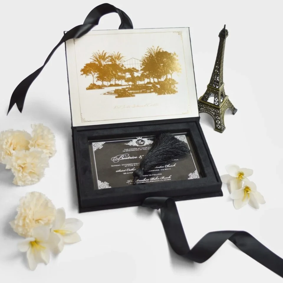 Black Velvet Wedding Invitation Box: Clear Acrylic Invite