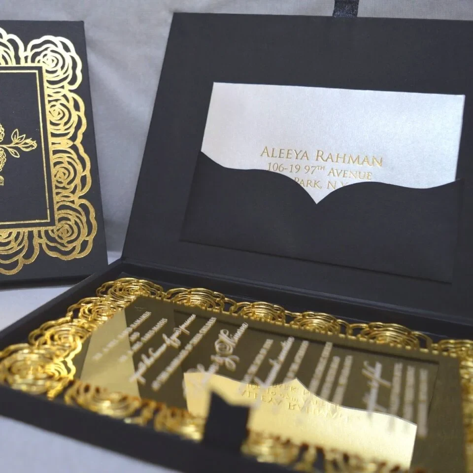 Black Wedding Invitation Box with Gold Mirror Acrylic Invite