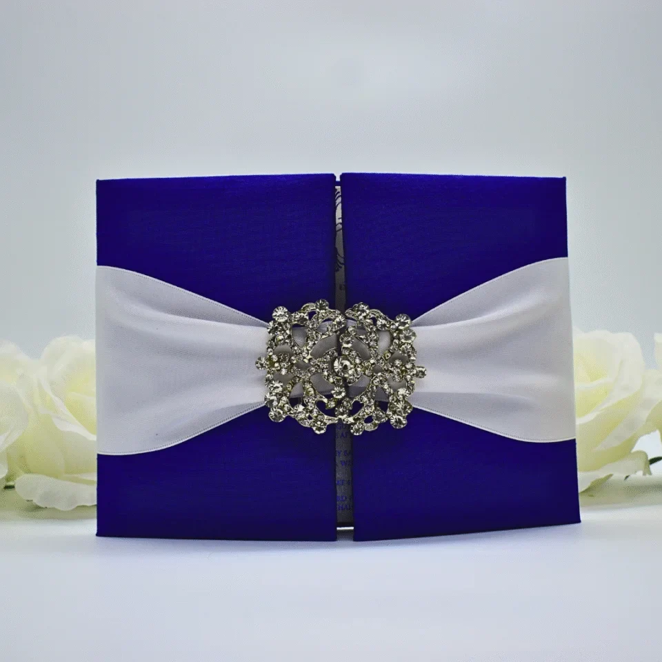 Blue Silk Wedding Invitation Folio: Gate-fold Invite