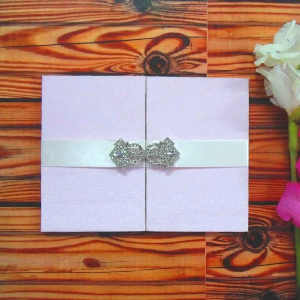 Blush Pink Silk Wedding Invitation Folio: Hardcover Trifold Jacket Invite