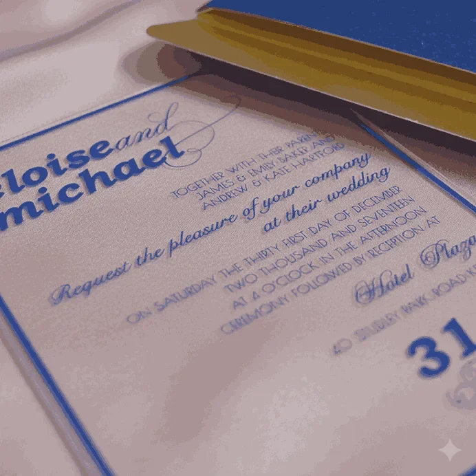 A transparent acrylic wedding invitation is shown partially tucked into a textured royal blue envelope. The invitation rests on a draped, light pink satin fabric that creates soft, shimmering reflections on the clear surface.