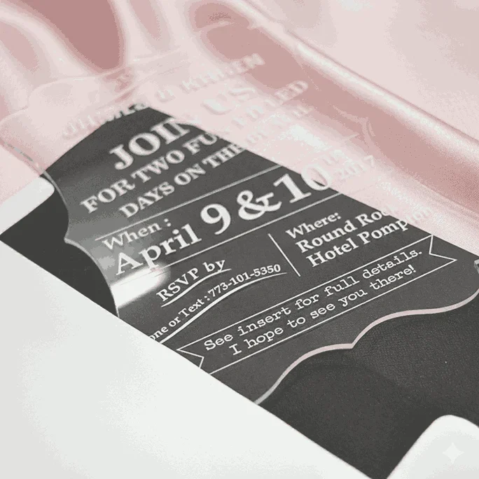 A transparent acrylic invitation is shown resting on a draped, shimmering pink satin fabric. The invitation is partially inserted into a white, pointed-flap envelope. The invitation features a unique, scalloped and wavy edge and contains white printed text. The design details include.