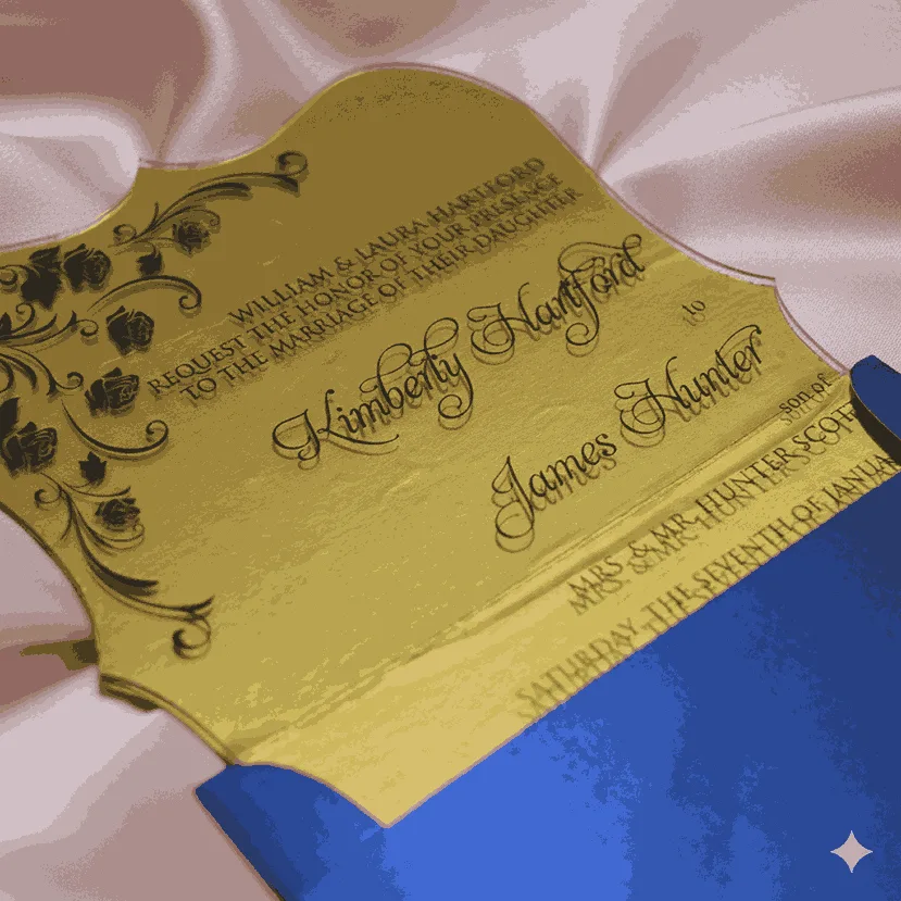 This image features a transparent acrylic wedding invitation with a uniquely shaped, scalloped silhouette. The card is displayed at an angle, resting on shimmering, light-pink satin fabric and partially tucked into a royal blue envelope.
