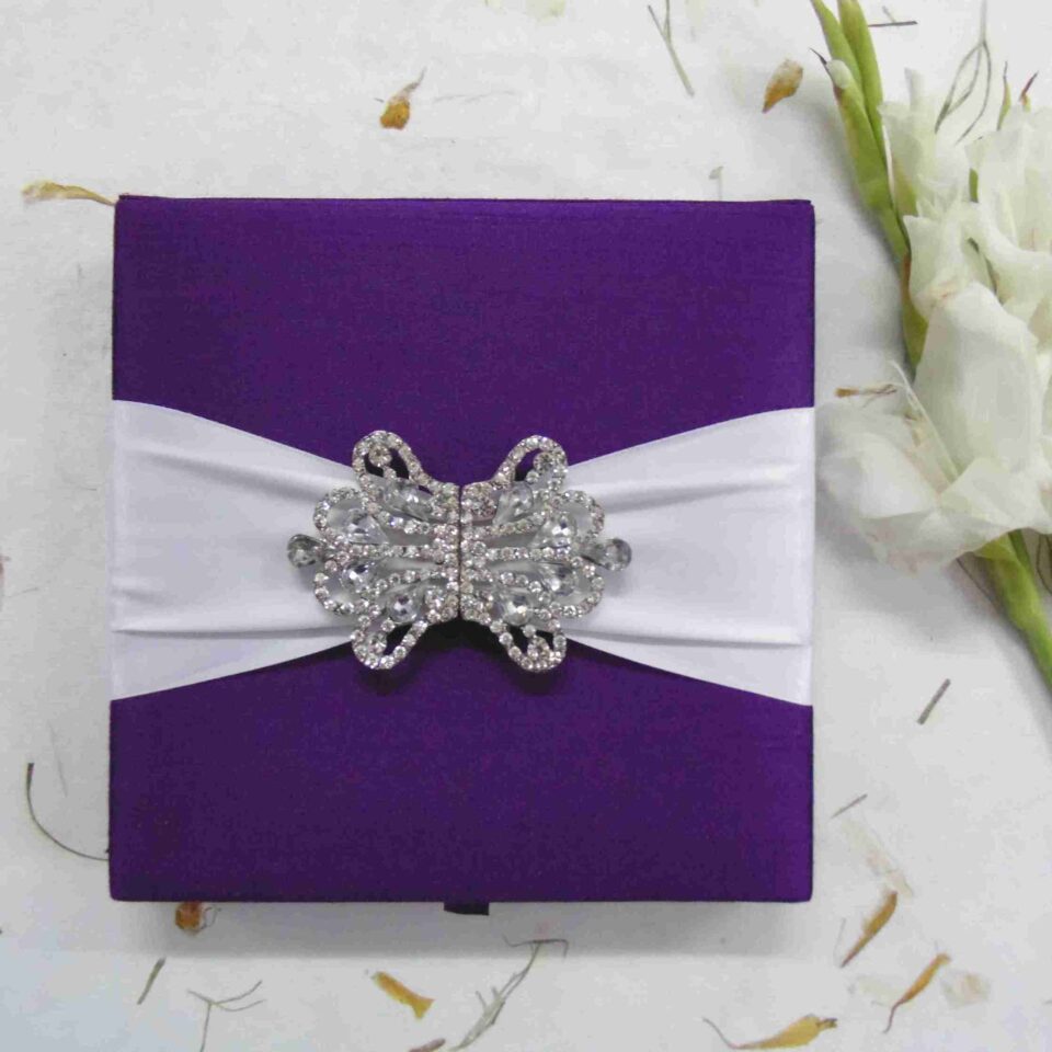 Purple Silk Wedding Invitation Box With Rhinestone Crystal Brooch