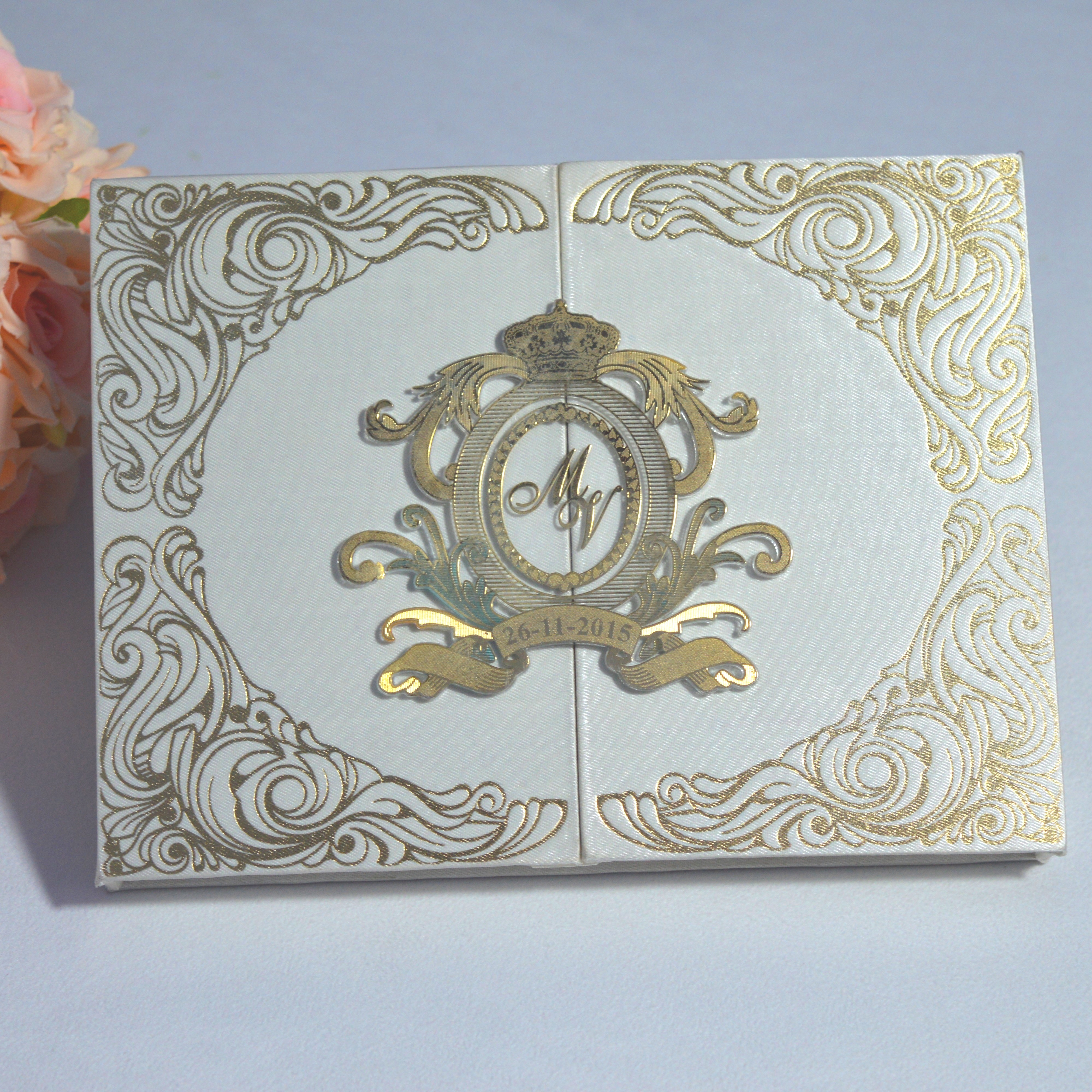 Ivory Trifold Wedding Invitation Box with Custom Foil Monogram