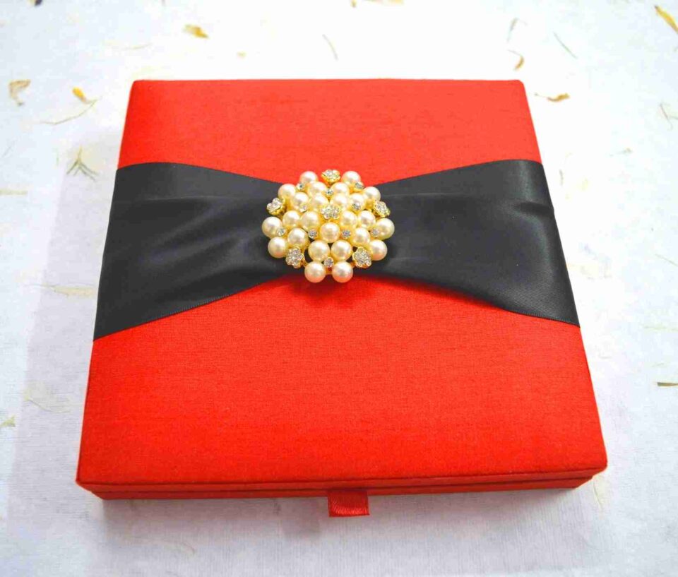 Embellished Red Silk Wedding Invitation Box with Pearl Brooch