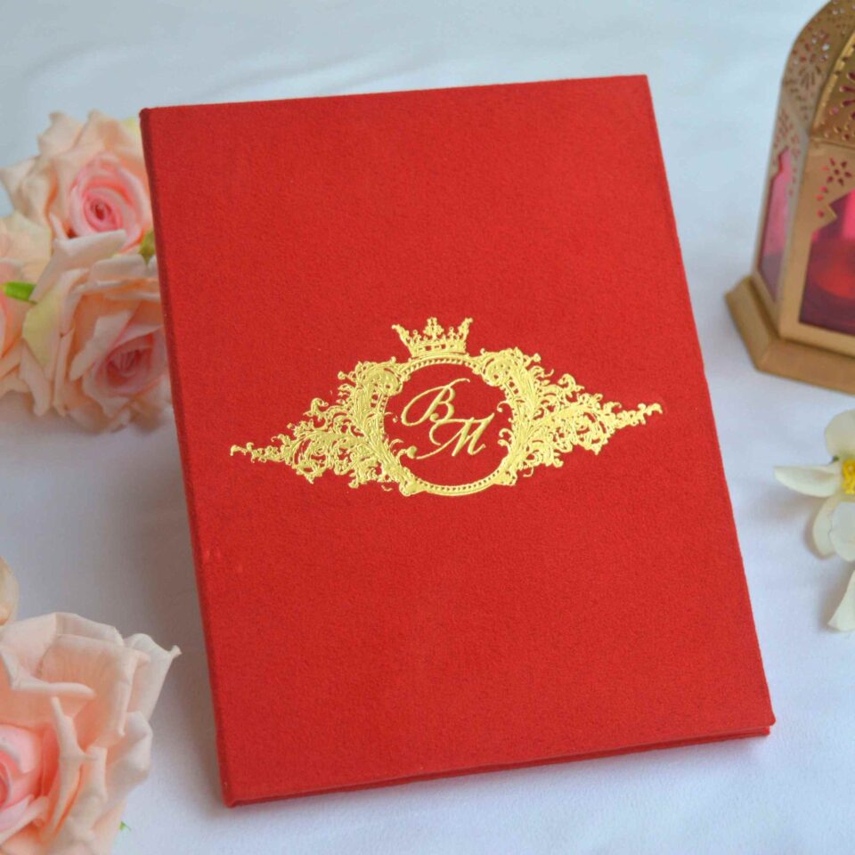 Red Velvet Wedding Invitation Folio with Custom Foil Monogram
