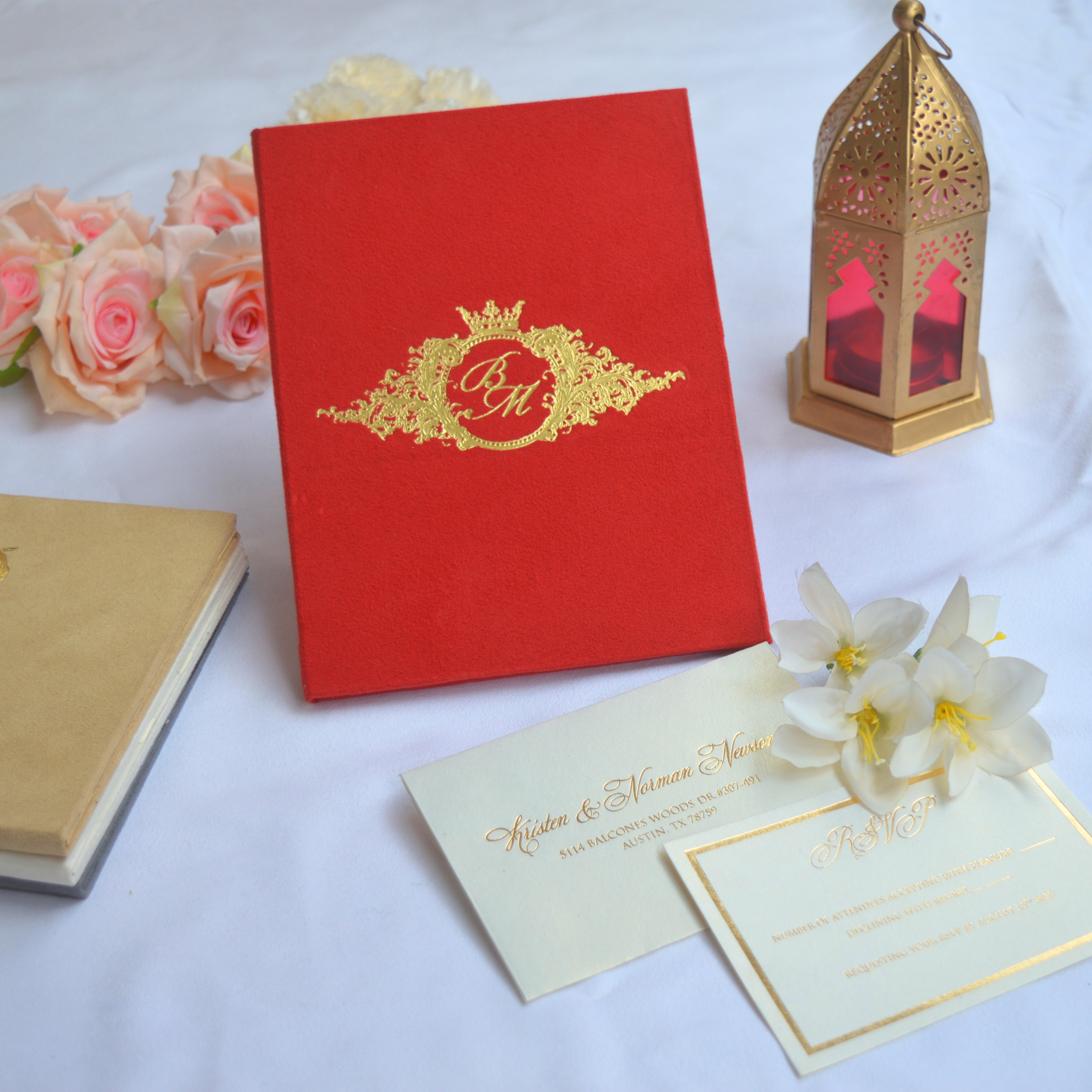 Red Velvet Wedding Invitation Folio with Custom Foil Monogram