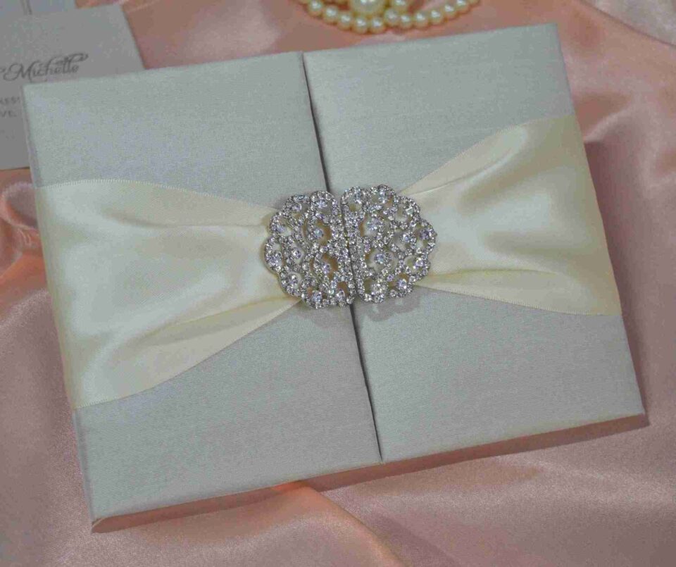 Ivory Silk Trifold Wedding Invitation Folio with Rhinestone Brooch