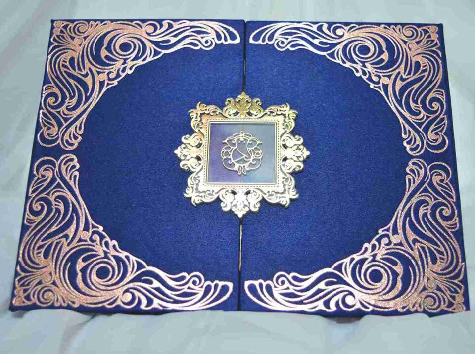 Royal Blue Satin Wedding Invitation Folio with Custom Monogram