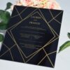 A square, elegant wedding invitation featuring a black acrylic or high-gloss finish with gold geometric line patterns and text. The invitation is held by a hand in the bottom-left corner against a plain white background, with green leaves resting over the .The visible in the soft-focus background on the left.