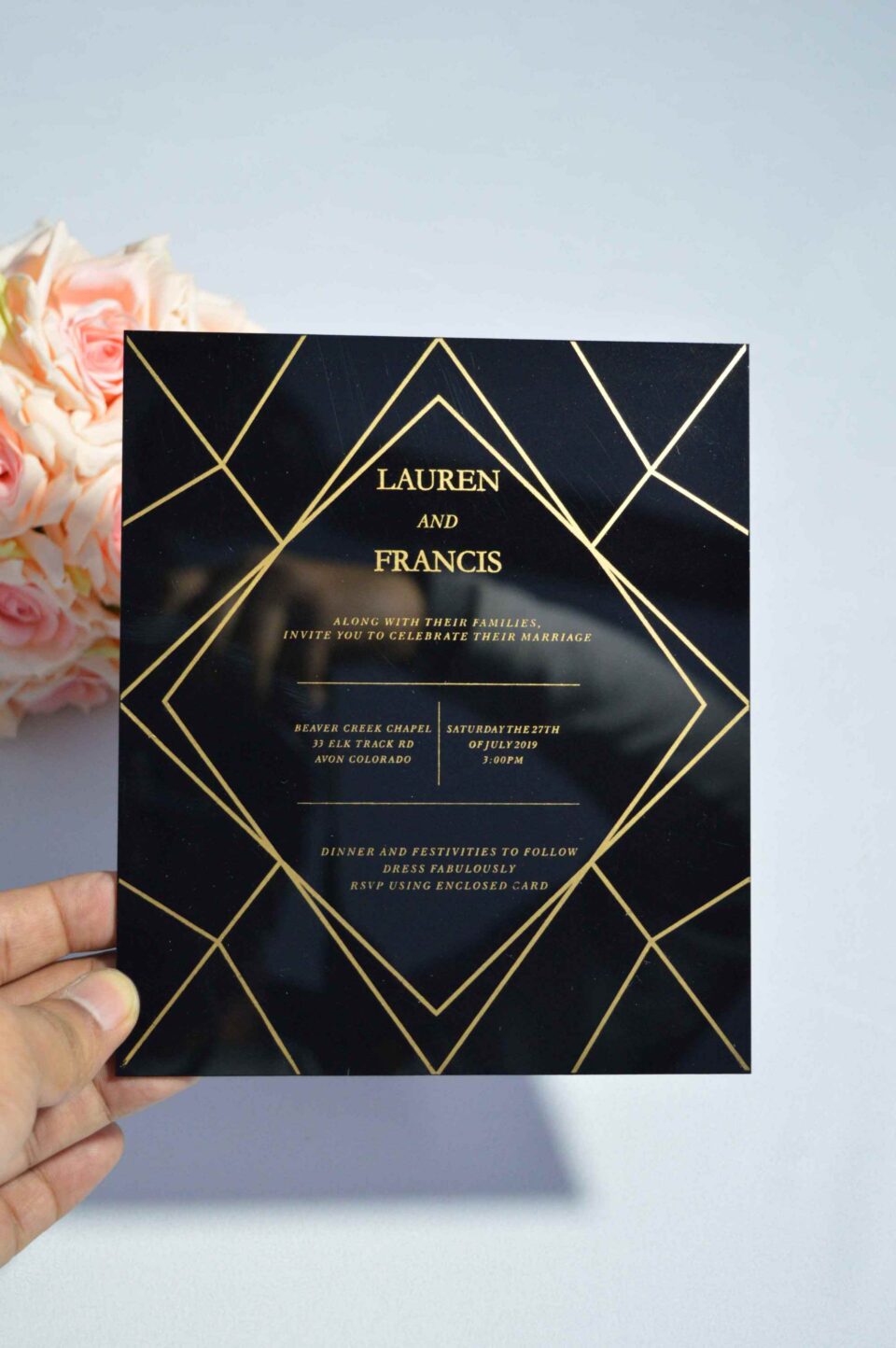 Black Acrylic Wedding Invitation With Gold Font