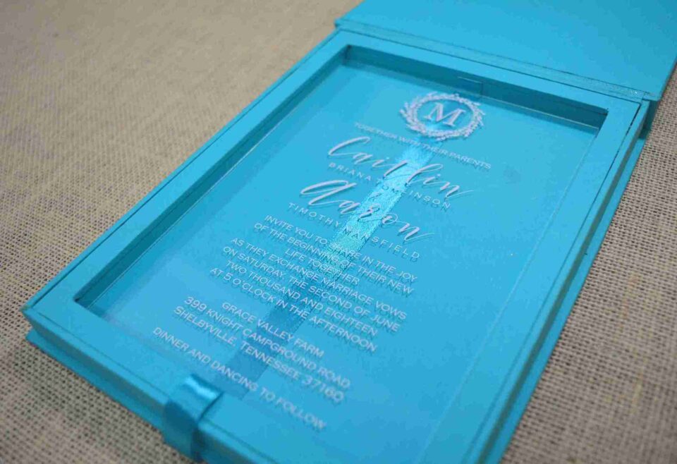 Blue Wedding Invitation Box with Clear Acrylic Invite