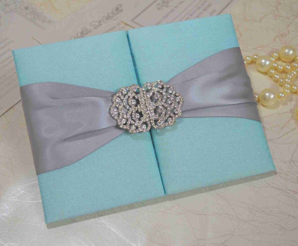 Embellished Silk Wedding Invitation Folio with Crystal Brooch