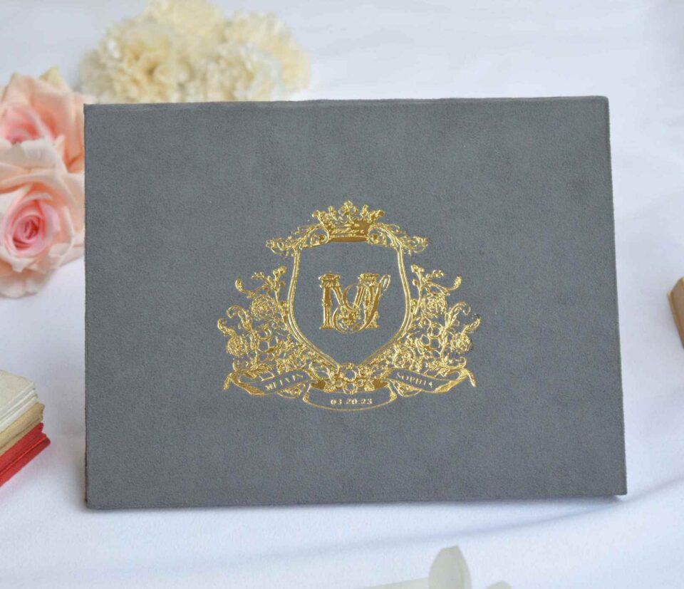 Grey Velvet Wedding Invitation Folio: Custom Foil Monogram