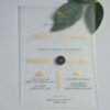 A frosted acrylic wedding invitation is laid flat on a light gray surface with a green leaf partially visible behind the top right corner. The invitation features a modern layout with a mix of gold foil and black text.