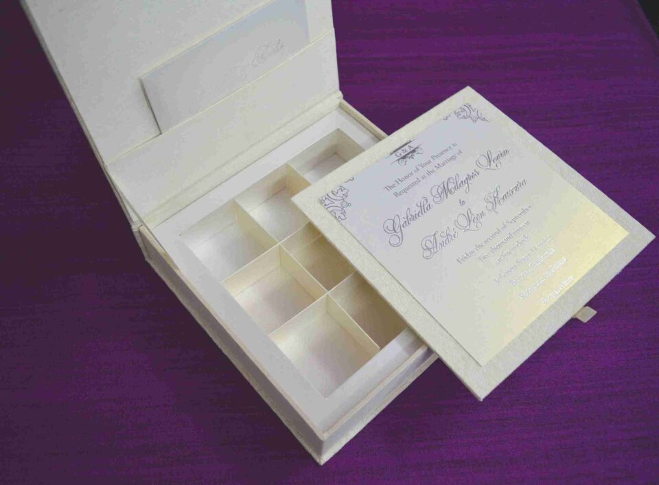 Here is the ALT text for the final image in your collection: **DSC_0294_161_11zon-960x706.jpg** An open, ivory-colored invitation box set against a textured purple background. The interior of the lid features a horizontal pocket holding a matching name card. The base of the box contains a white wedding invitation for "Gabriella Milagros Levin and Andre Leon Keavera," which is tilted to reveal a recessed grid with six empty compartments underneath, designed for holding favors or chocolates.