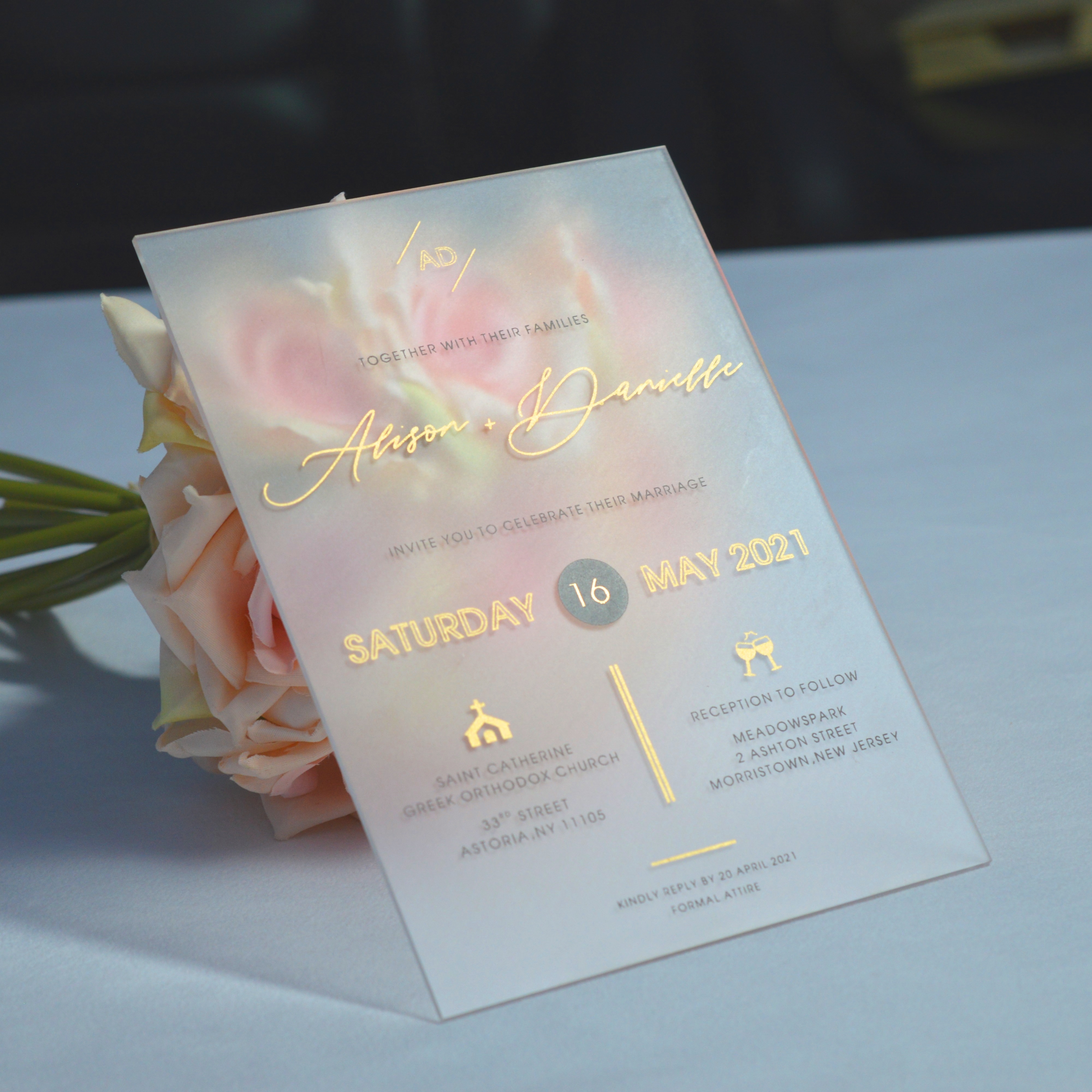 Frosted Acrylic Wedding Invitations with Gold and Black Font