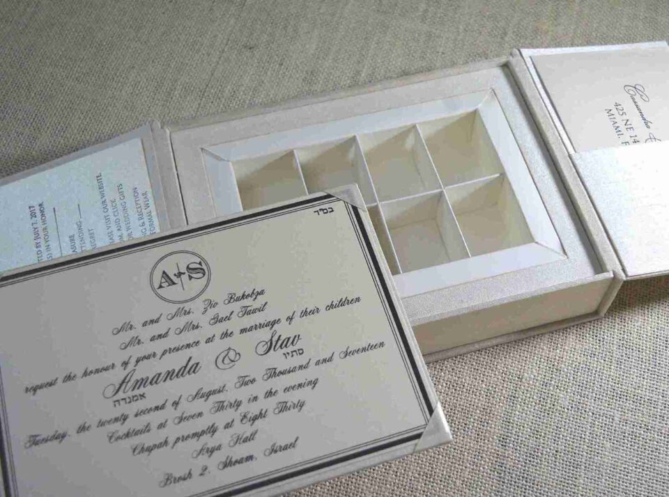 A flat-lay of a white wedding gift suite. It features a closed box with a crystal brooch, an open box base containing nine gold-wrapped chocolate truffles in a grid, a formal invitation for Mathew and Michelle, an RSVP card, and an envelope, all accented by pink flowers.