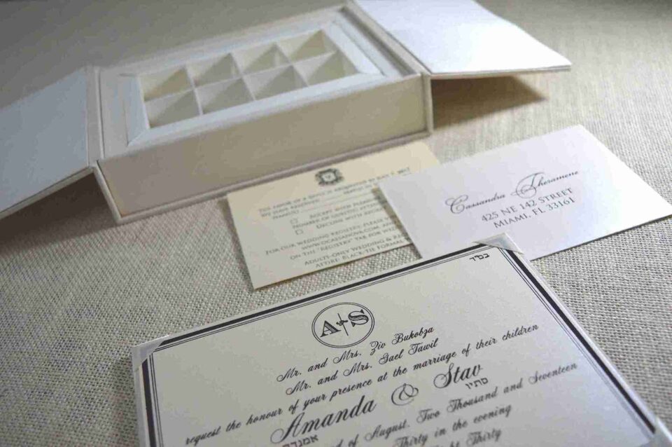 A flat-lay of a white wedding gift suite. It features a closed box with a crystal brooch, an open box base containing nine gold-wrapped chocolate truffles in a grid, a formal invitation for Mathew and Michelle, an RSVP card, and an envelope, all accented by pink flowers.