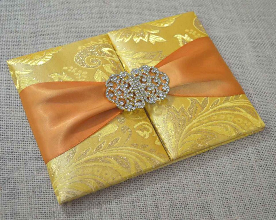 Embellished Gold Brocade Wedding Invitation Folio