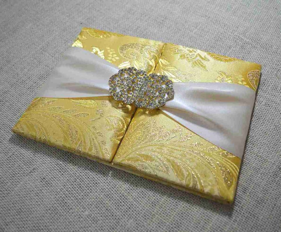 Gold Brocade Silk Wedding Invitation Folio: Trifold Jacket For Wedding Invite