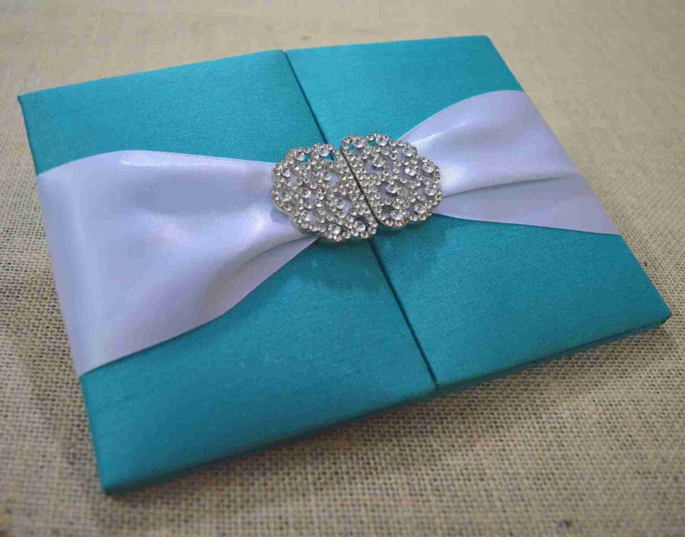 Teal Green Silk Wedding Invitation Folio with Crystal Rhinestone Brooch