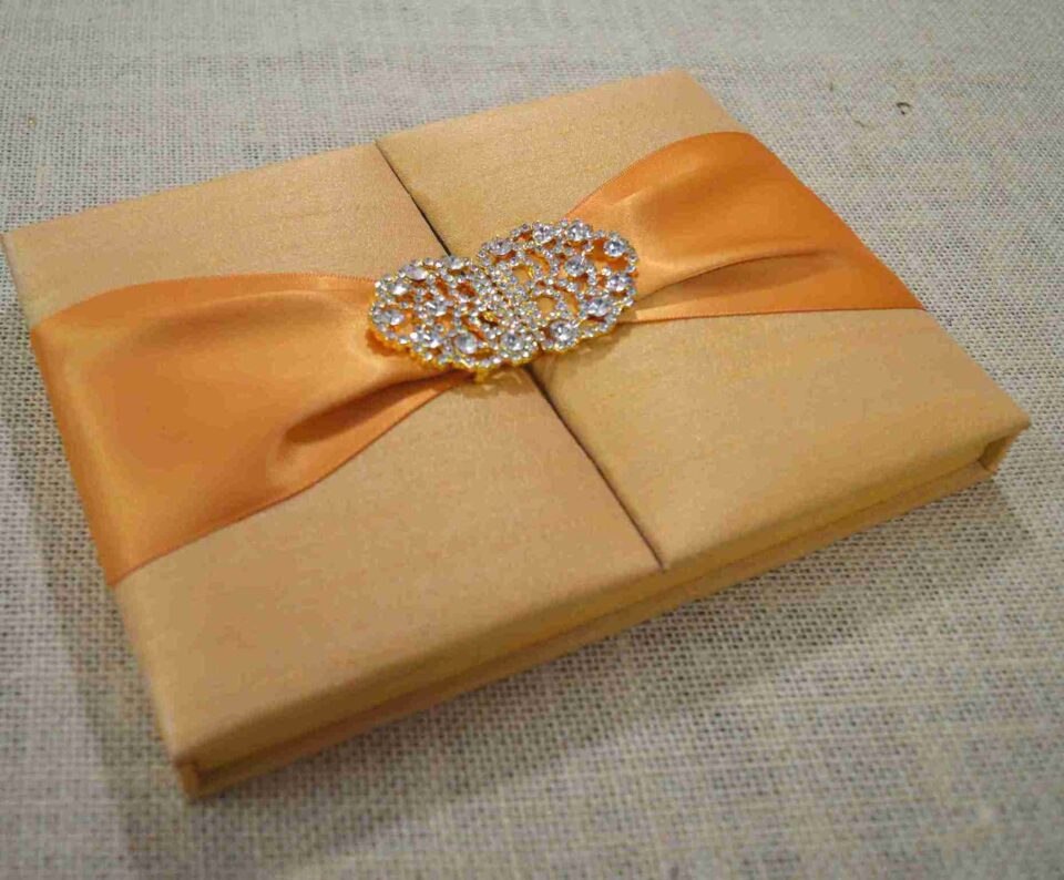 Silk Wedding Invitation Box with Crystal Rhinestone Brooch