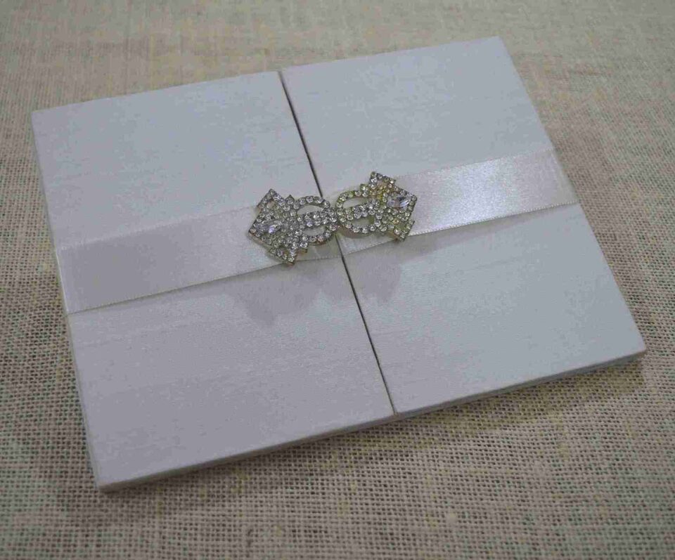 White Silk Wedding Invitation Folio with White Ribbon Sash & Crystal Brooch