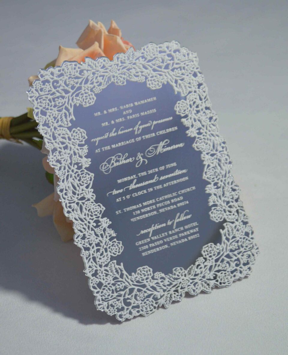 Silver Mirror Acrylic Wedding Invitation with Floral Artwork