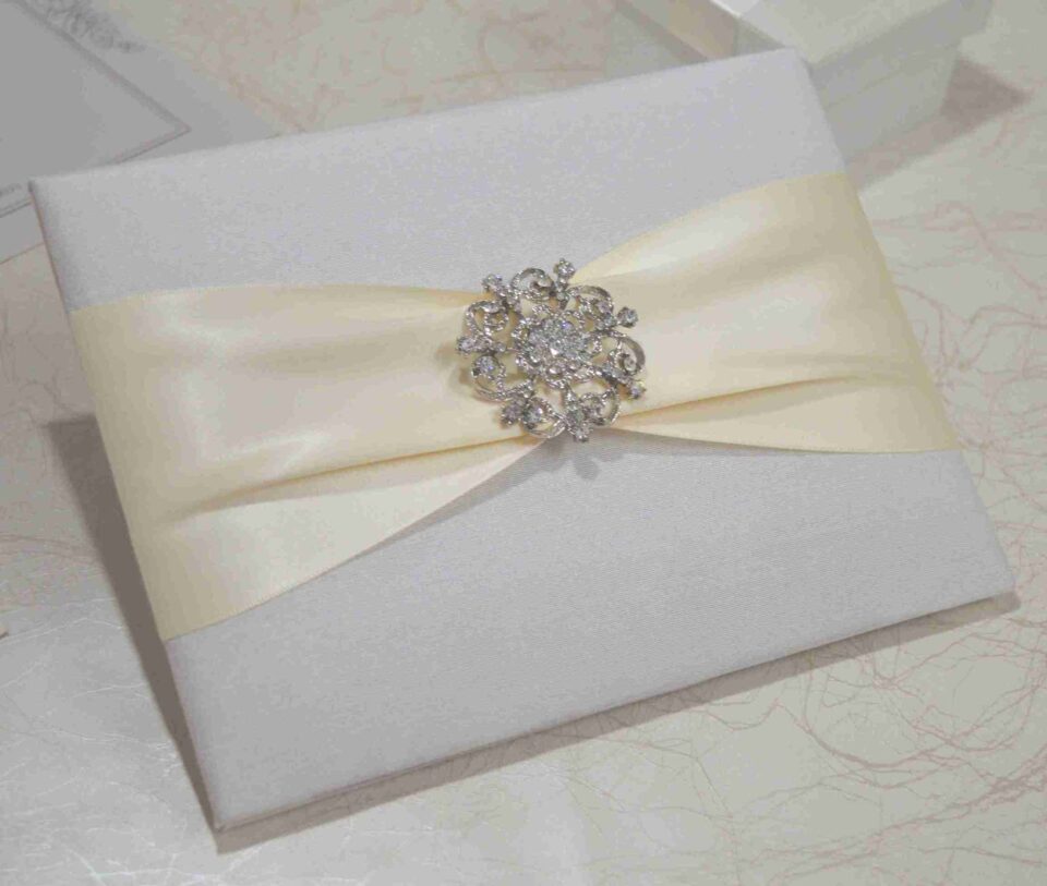 Ivory Silk Wedding Invitation Folio with Rhinestone Brooch