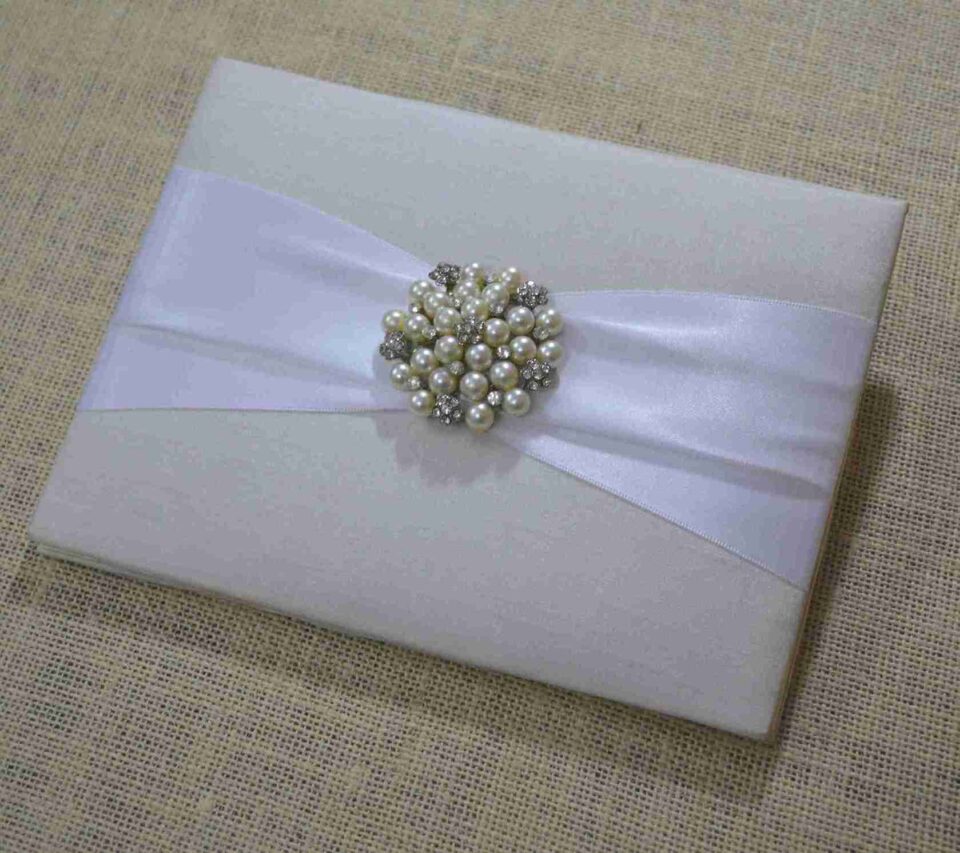 Embellished White Silk Wedding Invitation Folio with Pearl Brooch