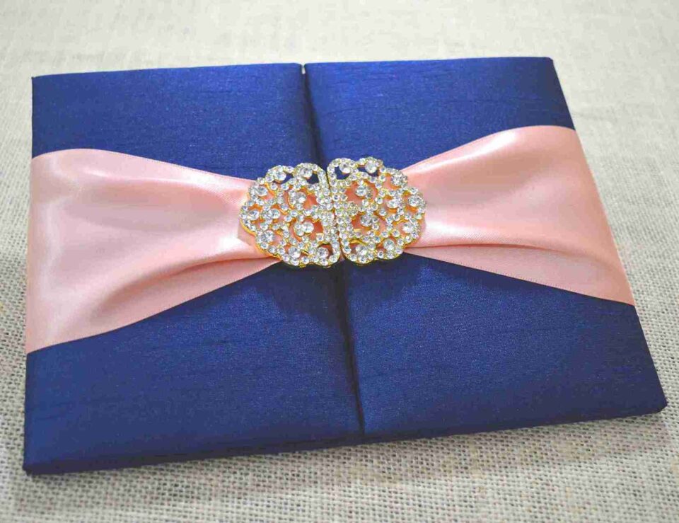 Luxurious Navy Blue Silk Wedding Invitation Folio with Rose Gold Ribbon