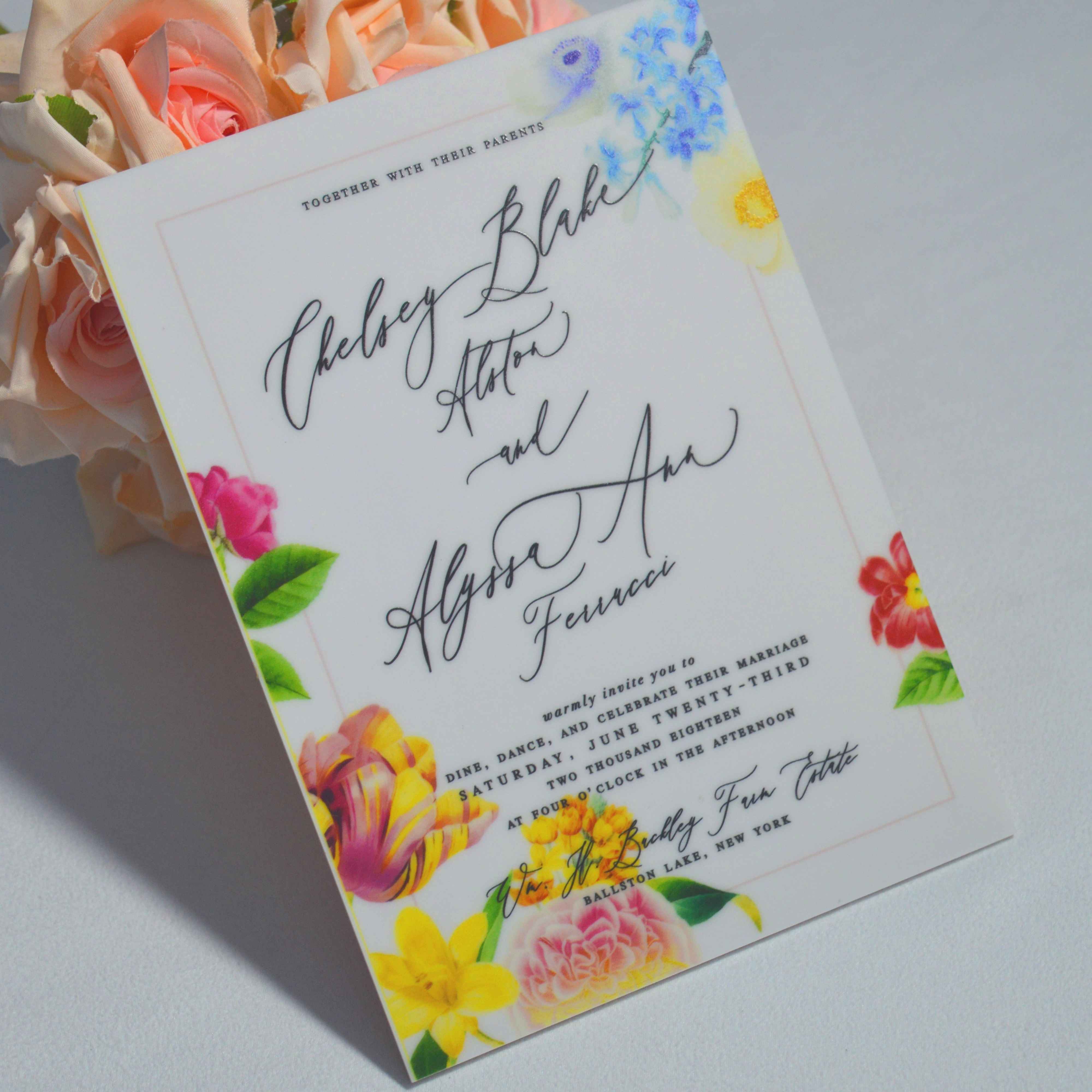 White Acrylic Wedding Invitations With Floral Artwork
